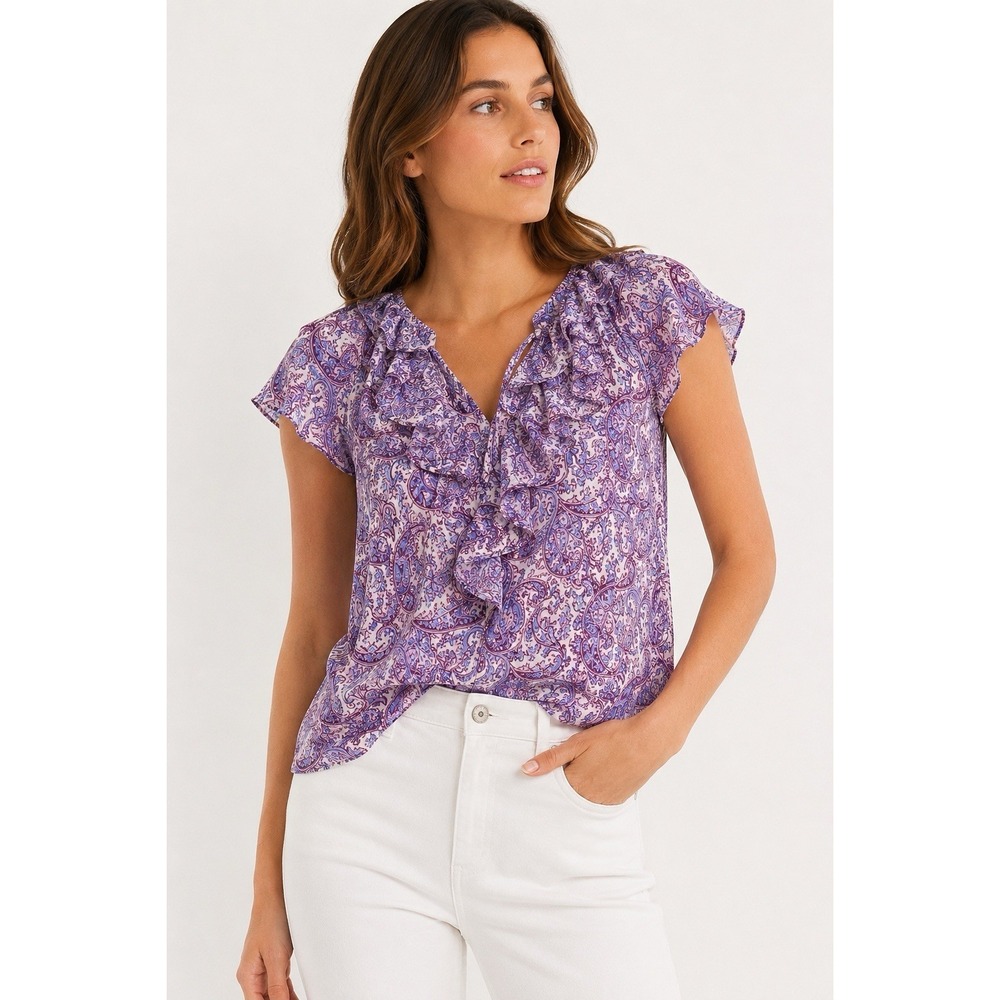 LOFT Paisley Ruffle Blouse Women's Small Purple Blue Flutter Sleeve Boho Top